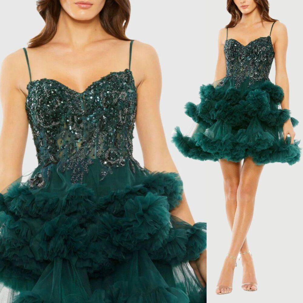 Mac Duggal 20645 Size 4‎ Green Beaded Corset Bustier Bodice Ruffled Tulle Dress